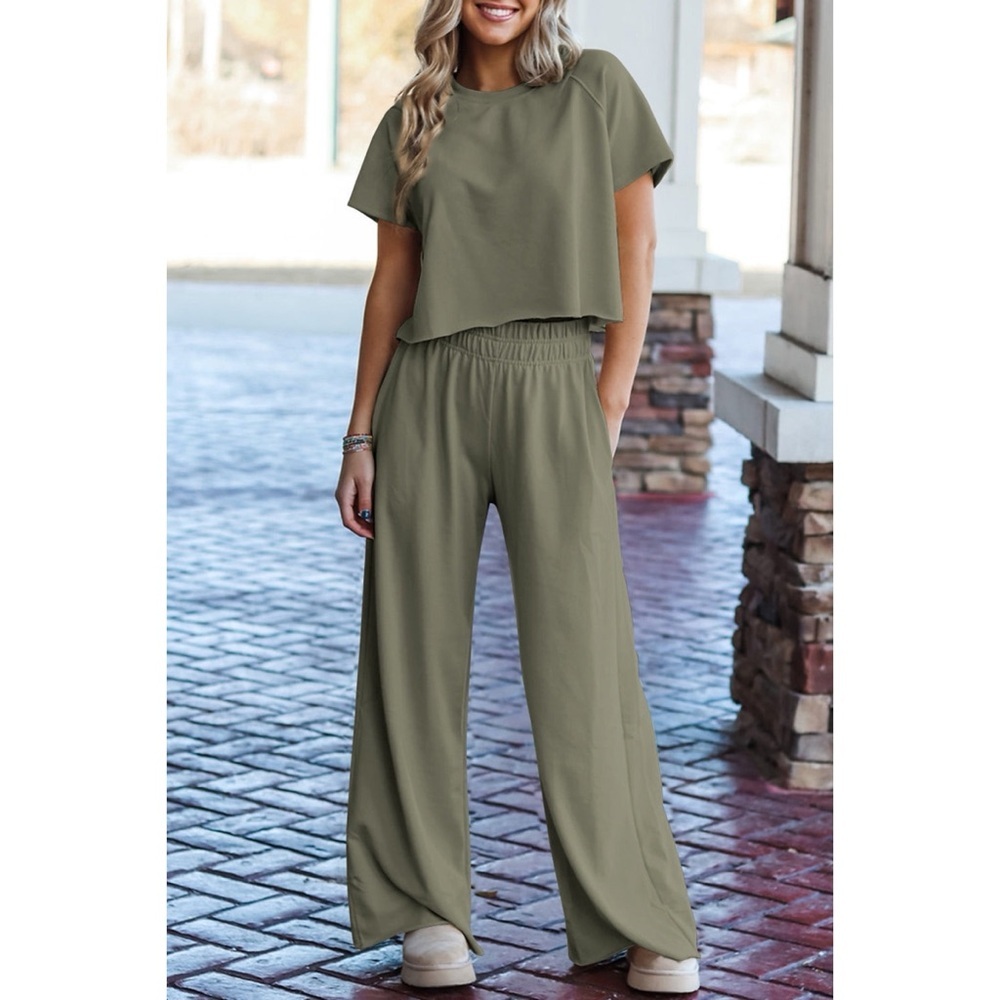 Raw Hem Loose Tee and Wide Leg Pant Set